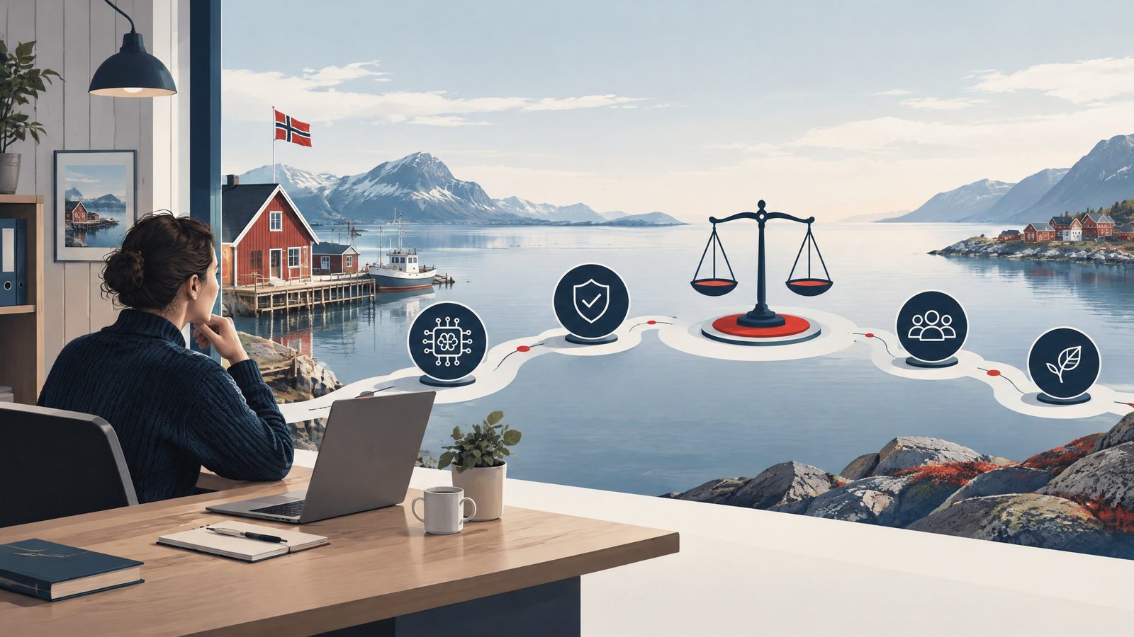 Illustrasjon av AI-regler, ansvar og risikovurdering for en norsk småbedrift.