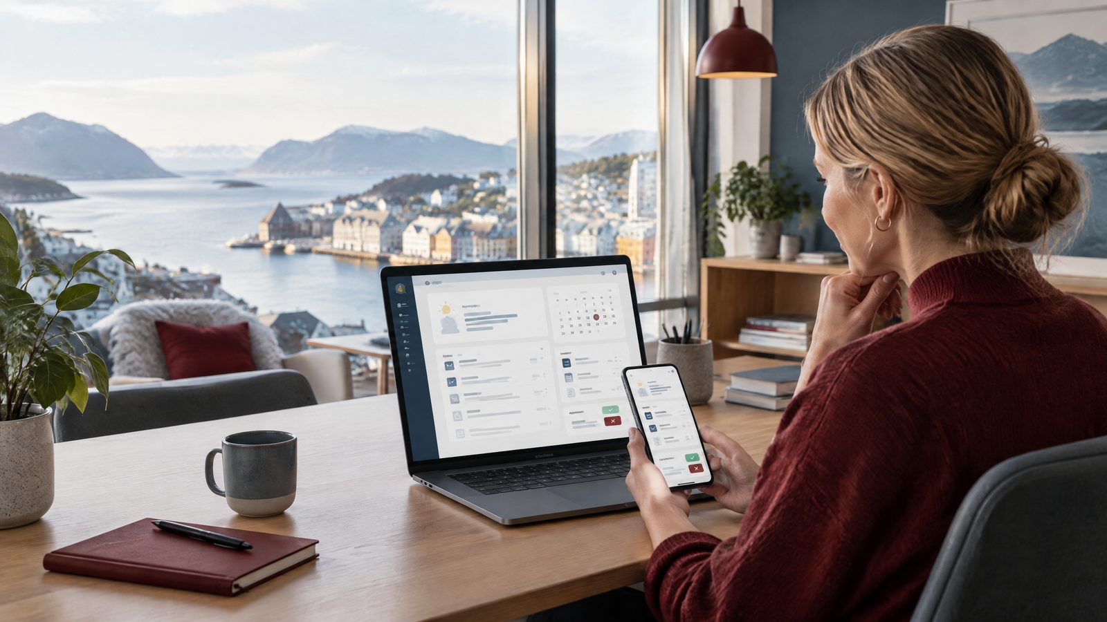 Norsk småbedriftseier bruker en proaktiv AI-assistent på laptop og mobil med utsikt over Ålesund.