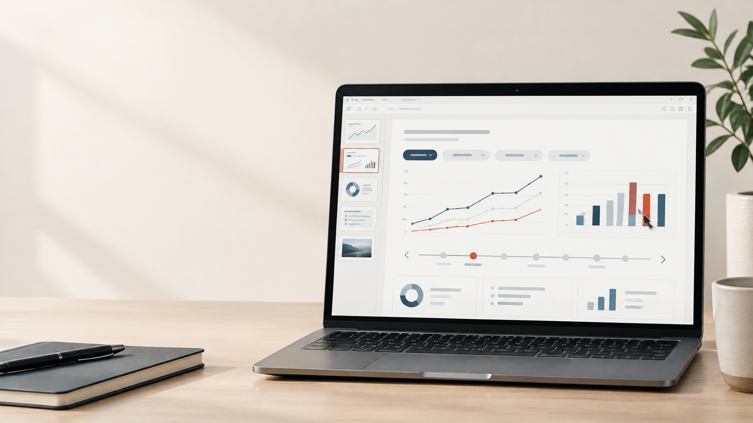 PowerPoint-lignende presentasjon med interaktivt dashboard, grafer, knapper og tidslinje på en skjerm.