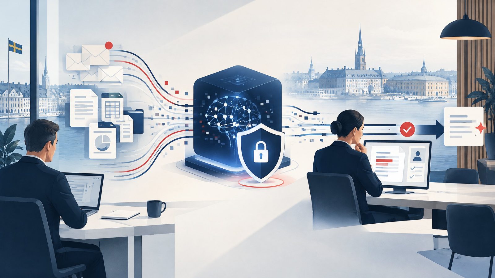 Illustrasjon av dataflyt, personvern, AI-behandling og menneskelig kontroll i en DPIA.