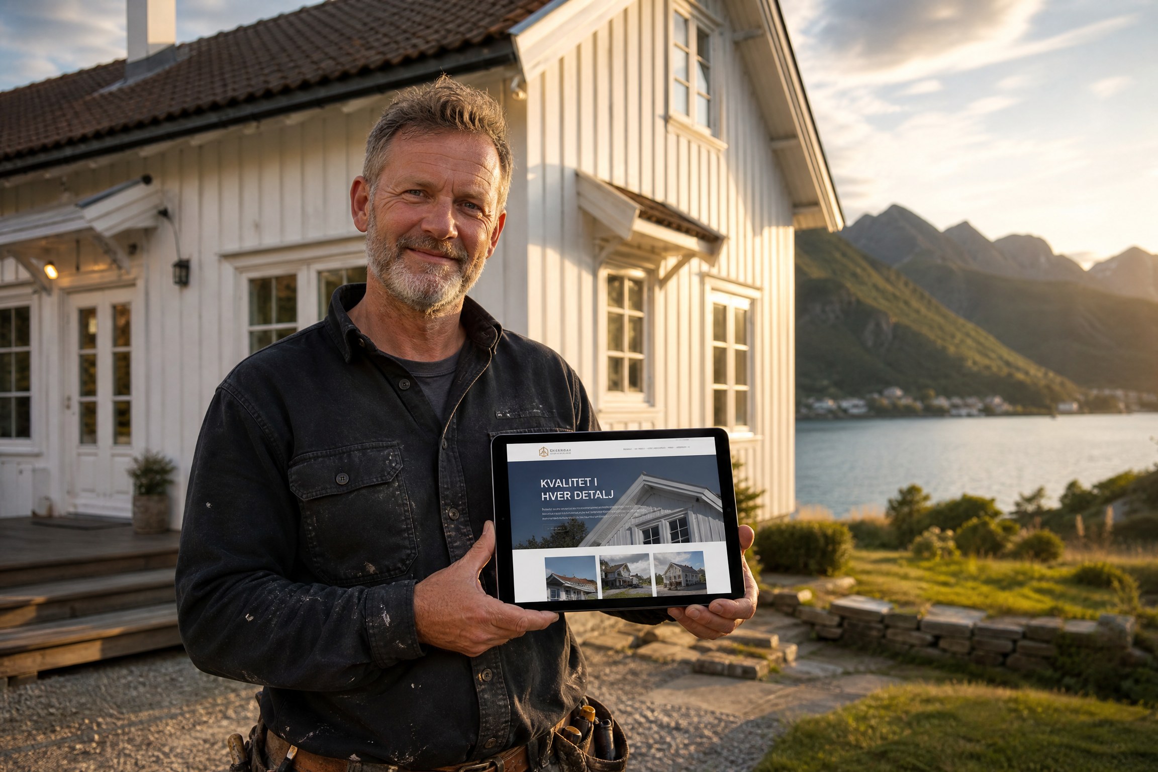 Stolt norsk håndverker foran renovert hus med fjord i bakgrunnen