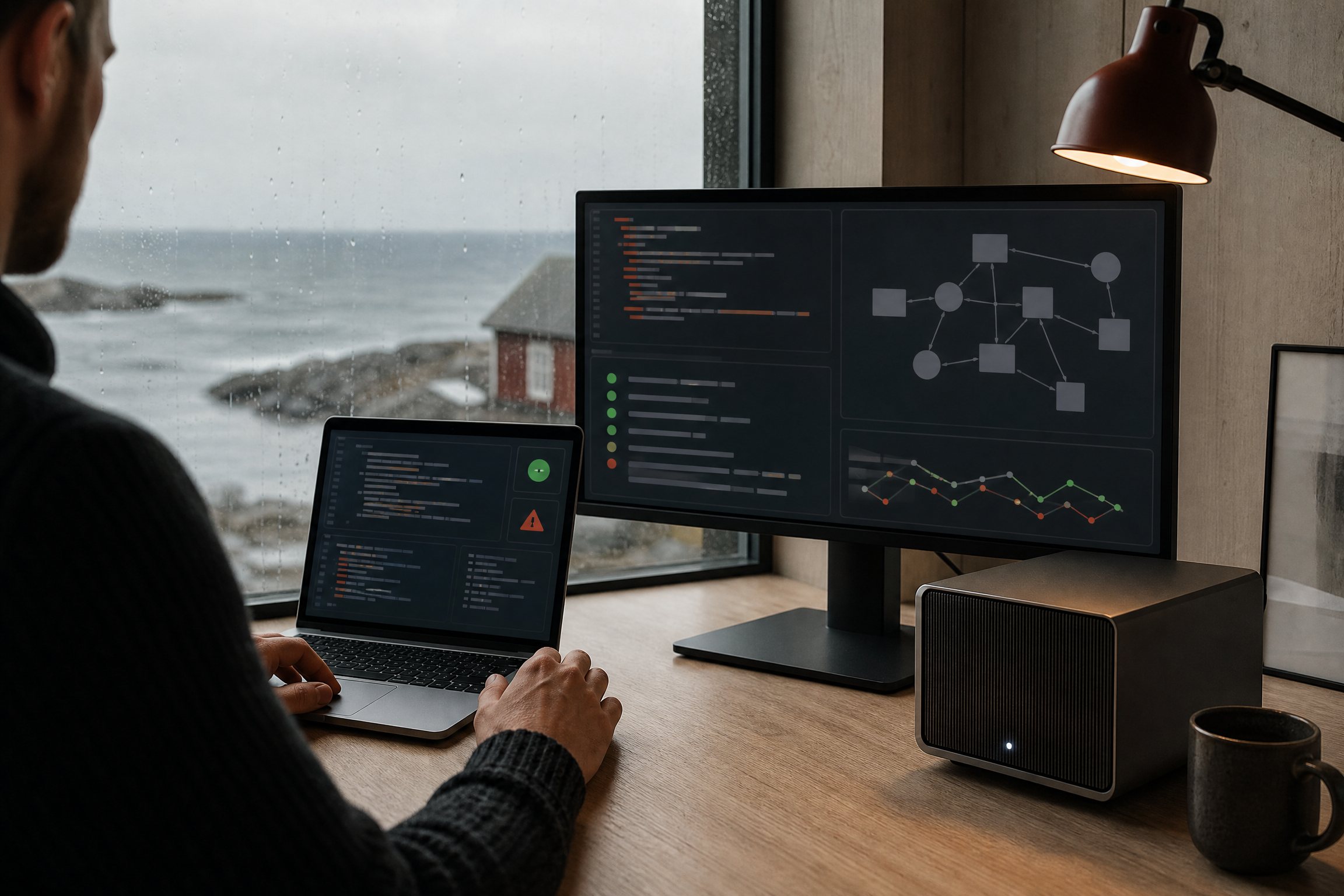 Utvikler i et nordisk arbeidsmiljø bruker en lokal datamaskin og skjerm med teststatus og teknisk oversikt.
