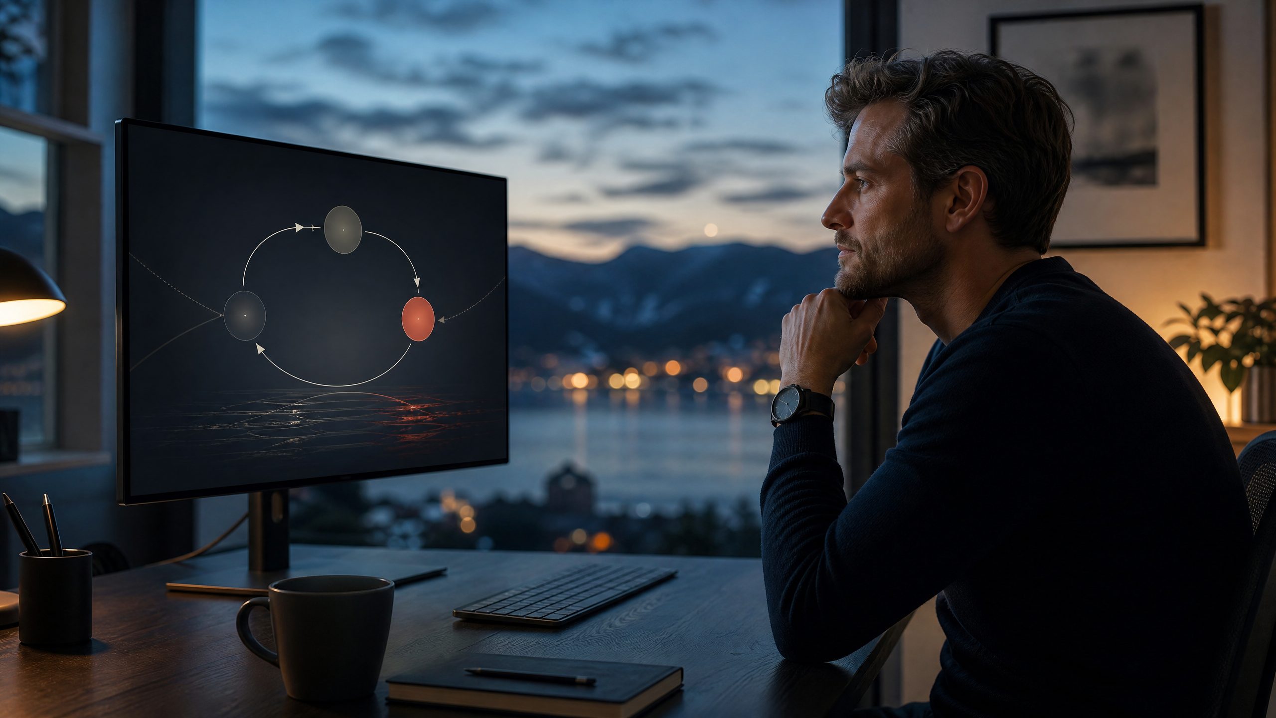 Produktutvikler på Sunnmøre som vurderer et visuelt feedback-loop på en skjerm