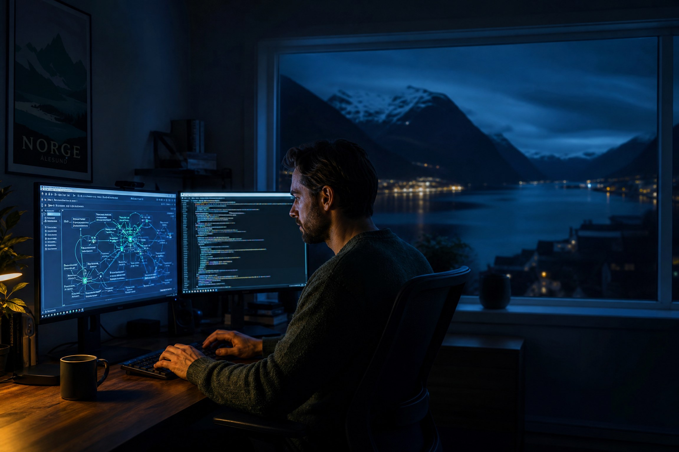 Tech-profesjonell med AI-arkitektur og Sunnmøre-fjord om natten