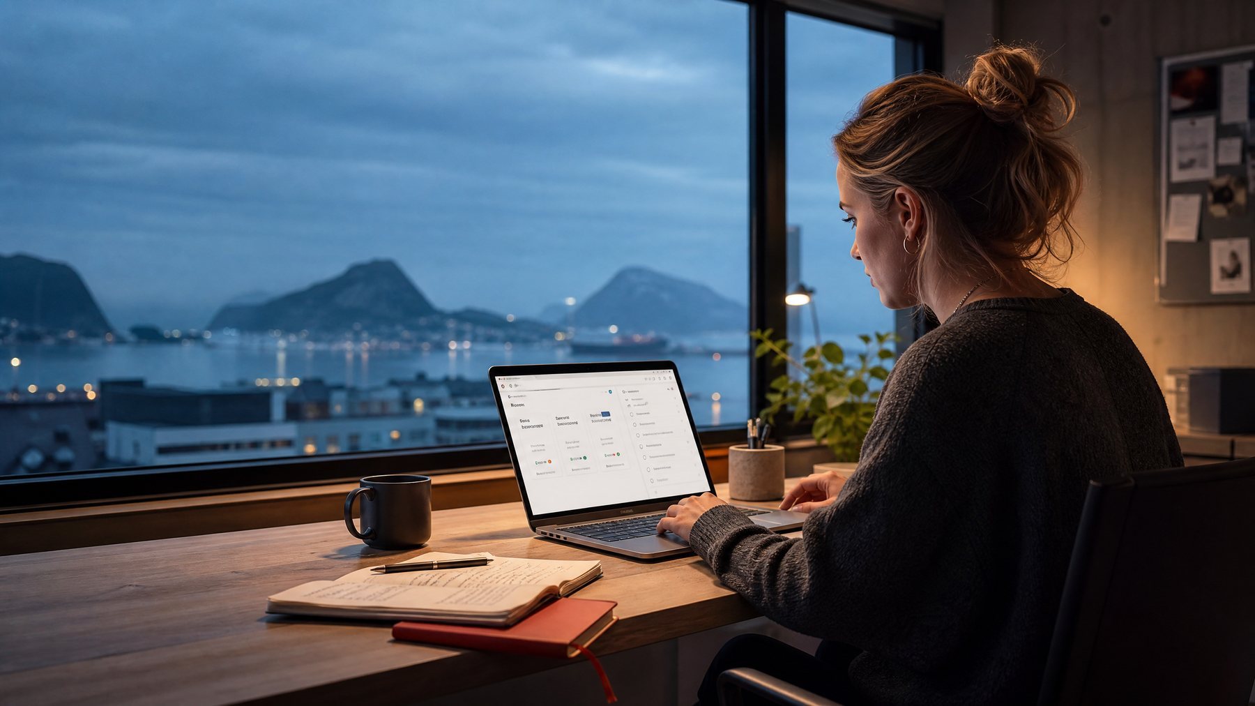 Bedriftseier som bygger en enkel digital prototype på laptop med utsikt over Sunnmøre.