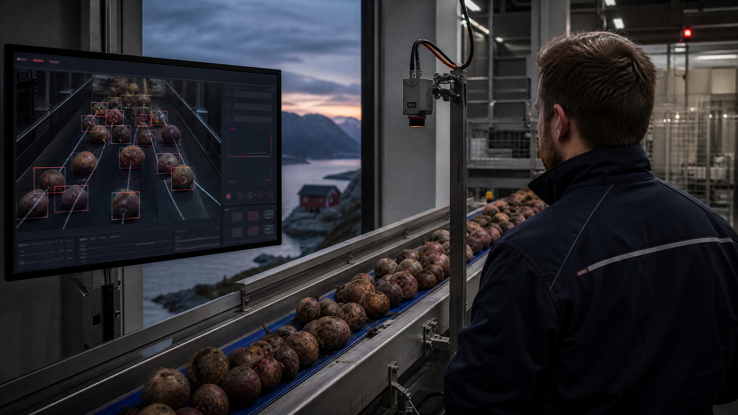 Kamera over transportbånd som teller rotgrønnsaker med datavisjon i en norsk produksjonshall